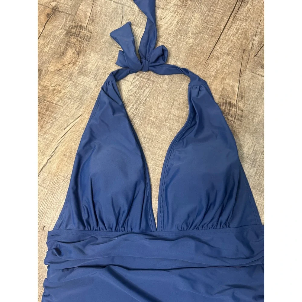 Cupshe Womens Navy Blue Halter One‎ Piece Swimsuit Ruched V-Neck XL
